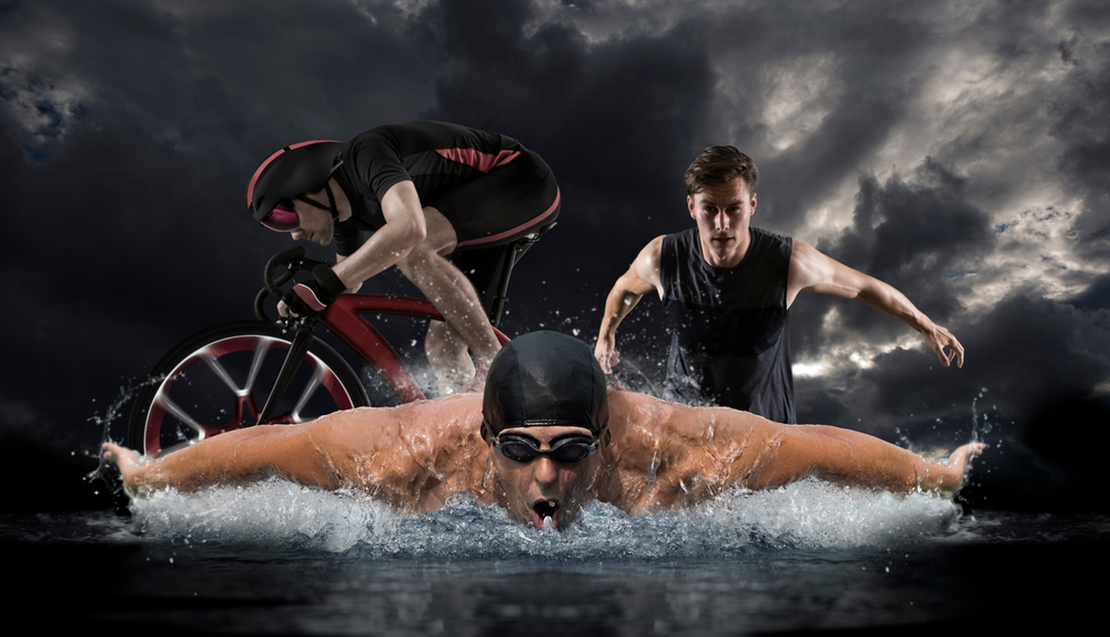Triathlon,Sport,Collage.,Man,Running,,Swimming,,Biking,For,Competition,Race